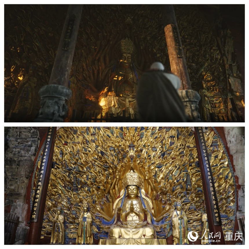 上图为《黑神话：悟空》游戏截图，下图为现实中的千手观音。人民网曹欣悦摄