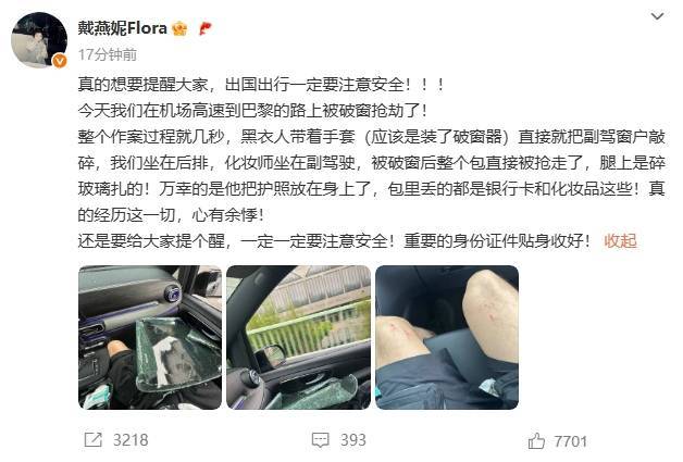 戴燕妮巴黎被破窗抢劫：化妆师包被抢走腿部被划伤