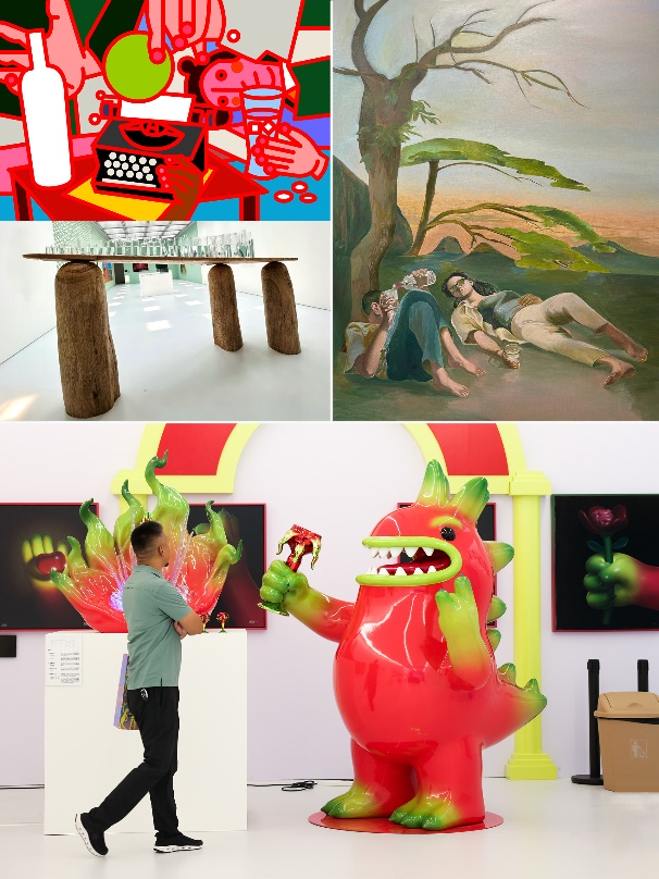 图左上：张心一，《无尽之杯》，2025，布面丙烯，100×80cm，致谢艺术家图左中：王礼军，《四不平八不稳》，2025，香樟木、白蜡木、玻璃器皿、酒瓶、水、酒，300×100×180cm，致谢艺术家图右上：朱钇名，《小憩》，2025，布面油画，140×180cm，致谢艺术家图下部：张超级，《举杯就干1573》，2025，玻璃钢烤漆、透明树脂、不锈钢电镀，火龙果酒托：117×85×116cm、火火龙雕塑：150×170×220cm、火龙果酒杯：67×67×12cm、火龙果瓶盖：10×10×12cm，致谢艺术家