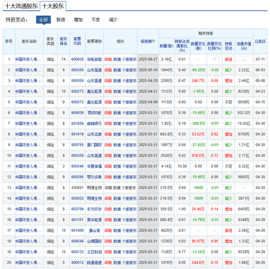 平安人寿持股列表（部分）