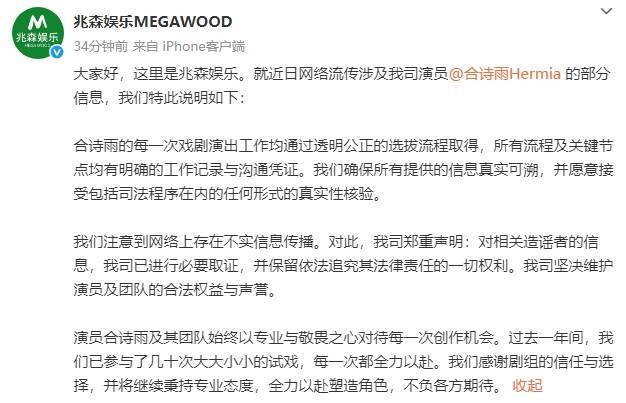 合诗雨方回应选角争议称选拔流程透明公正！已取证