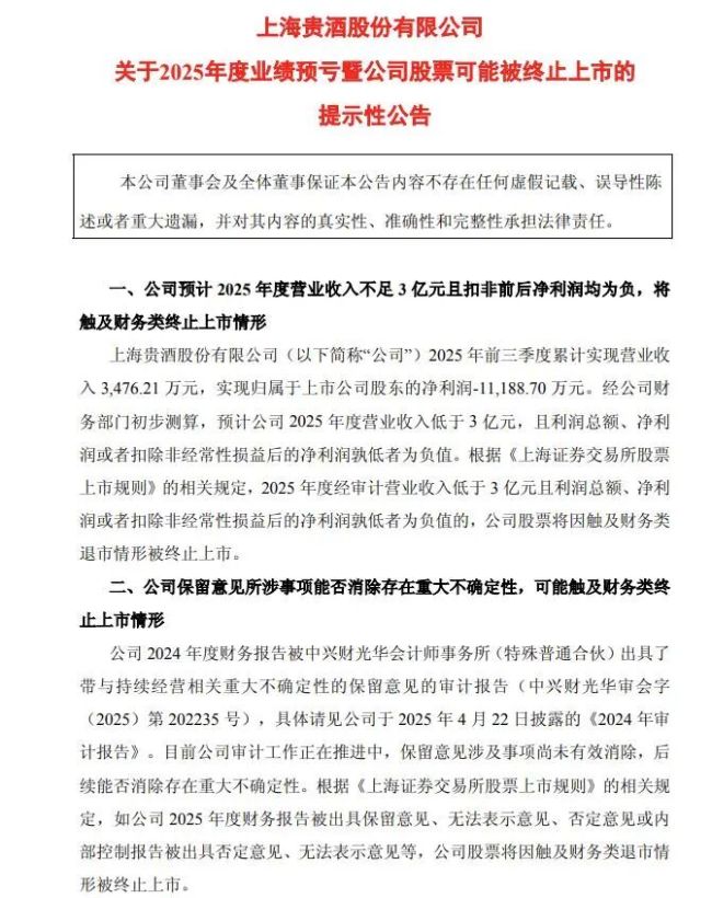 股价蒸发超80%，知名酒企或被终止上市