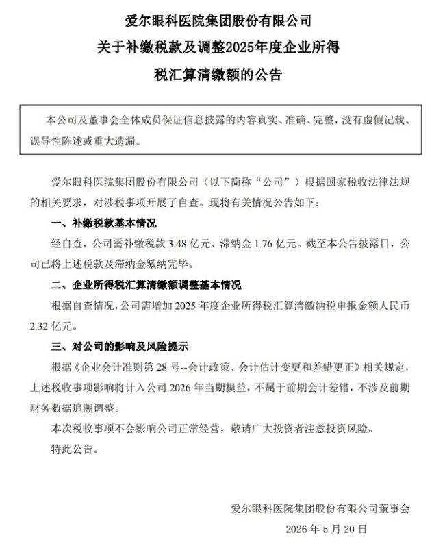 爱尔眼科：已补缴税款3.48亿元、滞纳金1.76亿元